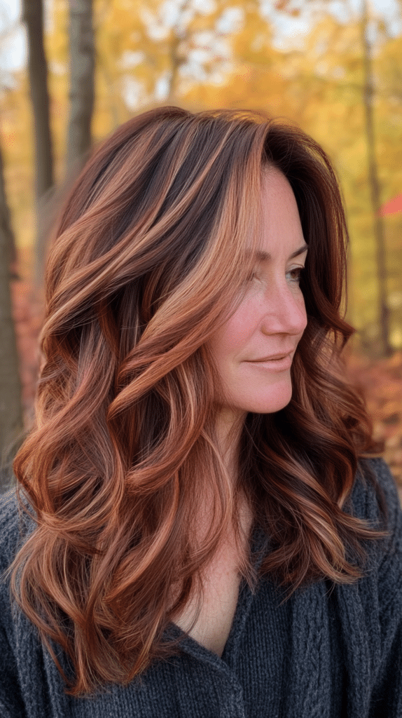 A woman in her 50s with light skin and long wavy dark brown hair featuring warm autumn-inspired red tones, standing in a forest with fall colors.
