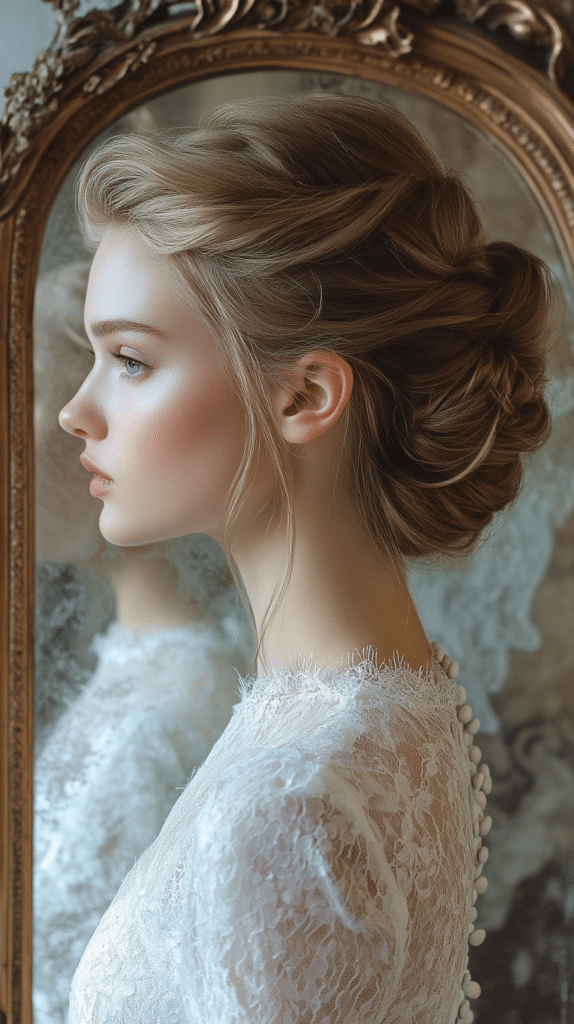 A bride with a vintage-inspired bouffant updo featuring twisted details for extra texture. The hair is styled with volume at the crown for an elegant effect.