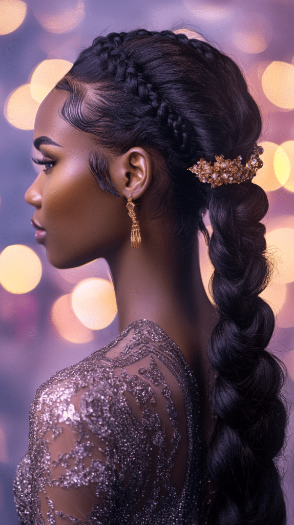 A woman with dark, silky hair styled into a braided crown that wraps around her head, leading into a long, flowing ponytail.