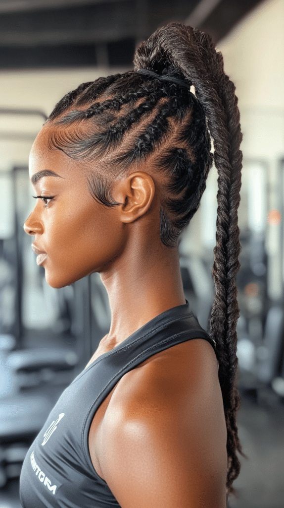 A woman with tightly coiled natural hair styled into a braided high ponytail. The French braid at the crown leads into a secure ponytail.