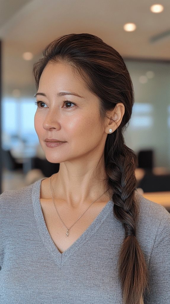 A woman with dark brown hair styled into a sleek, low ponytail with a subtle braid woven along the side.