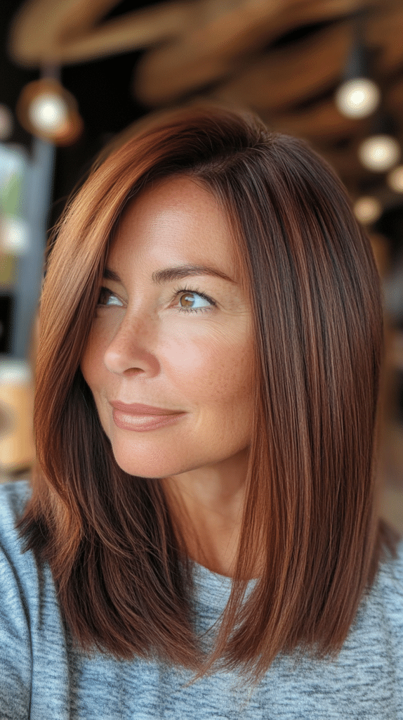 A woman in her late 40s with light olive skin and medium-length straight dark brown hair with subtle chestnut undertones, styled naturally.