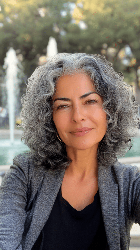 A 58-year-old Hispanic woman with a chic gray curly bob, sitting on a bench near a fountain with neatly shaped curls.