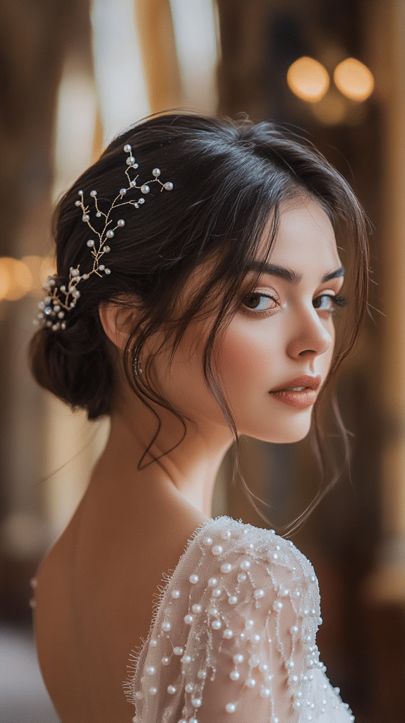 A bride with a classic French twist, secured with delicate pearl pins for a timeless and sophisticated wedding hairstyle. The updo is sleek and elegant.