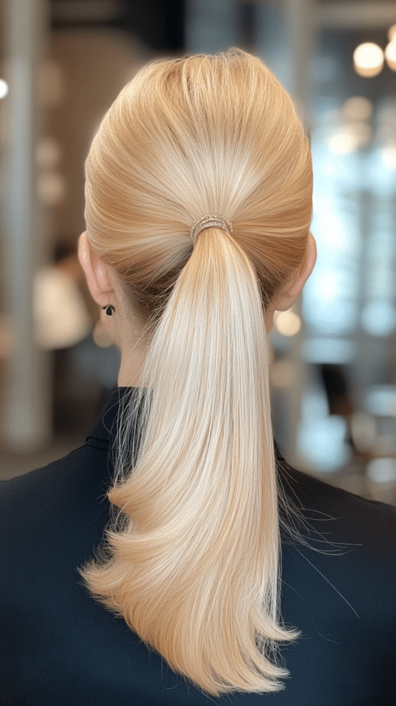 A woman with straight, silky brunette hair styled into a sleek low ponytail resting at the nape of her neck. The hair is smooth with a natural shine.