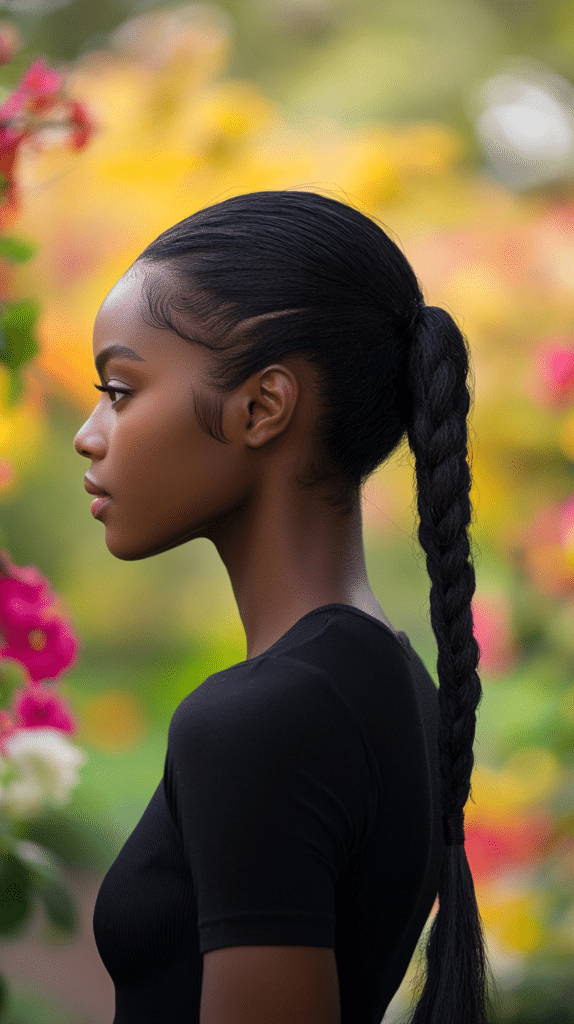 A woman with a sleek ponytail wrapped with a braid at the base