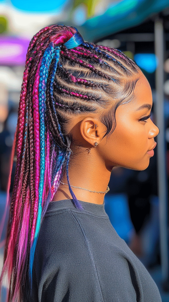 A woman with long, dark brown hair styled into a high braided ponytail, with vibrant hair extensions woven throughout in shades of pink, blue, and purple.