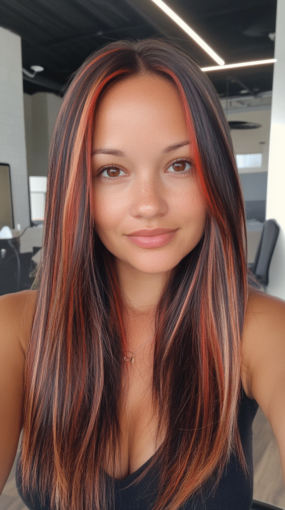 A woman in her late 30s with golden brown skin and medium-length straight dark brown hair featuring delicate copper and red babylights.