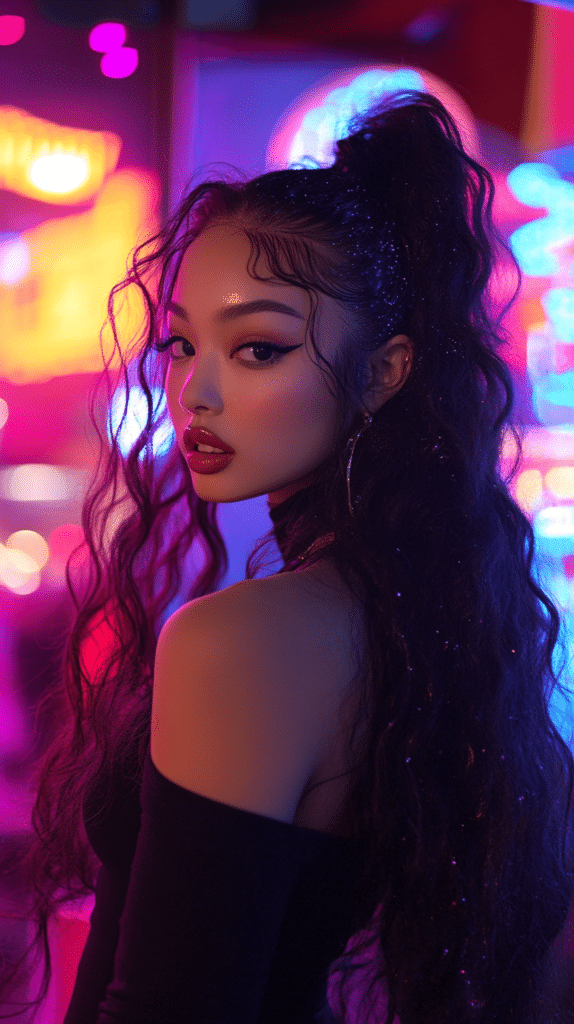 A woman with long, bouncy curls styled into a high ponytail, with subtle glitter accents adding a sparkling effect to the strands.
