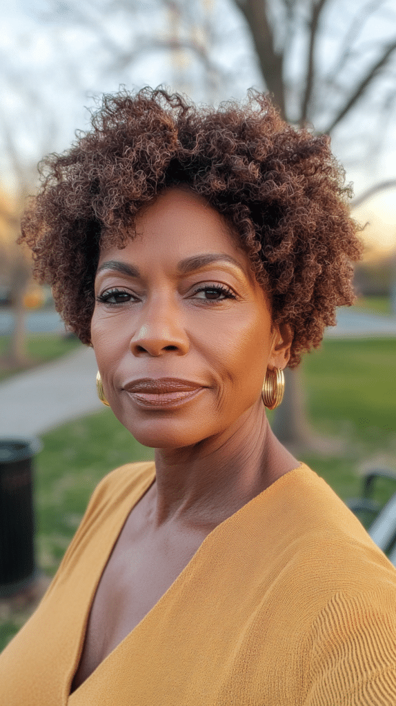 A 65-year-old Black woman with tightly coiled curls styled in a tapered cut, standing near a park bench with a confident expression.
