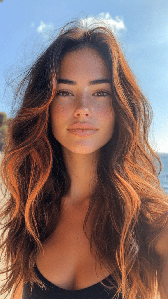 A young woman in her 20s with fair skin and long wavy dark brown hair featuring a seamless red tint balayage, glowing under the sun on a beach.