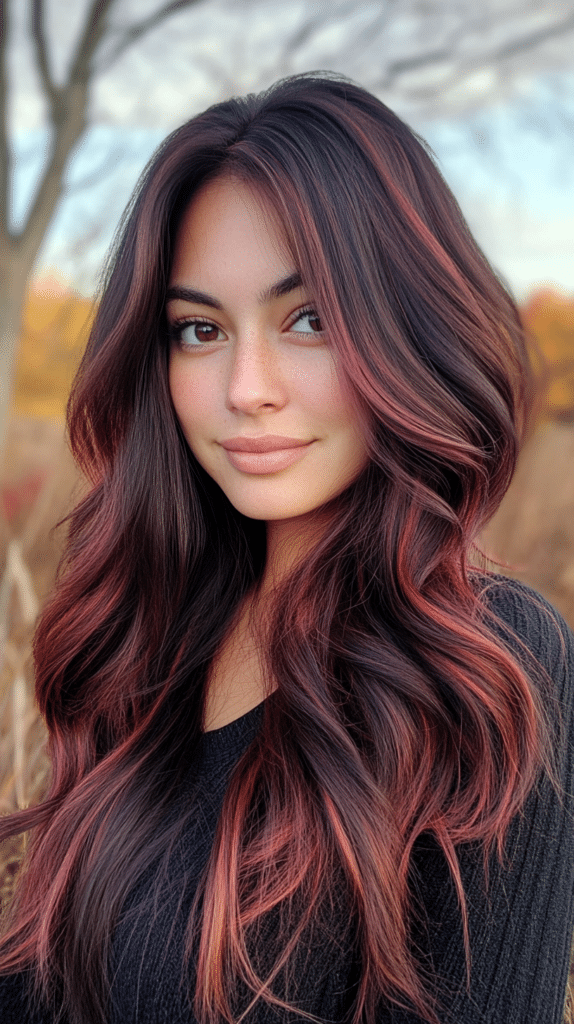 A woman in her late 30s with caramel skin and very long wavy dark brown hair featuring a red tint, glowing softly in a sunny meadow.