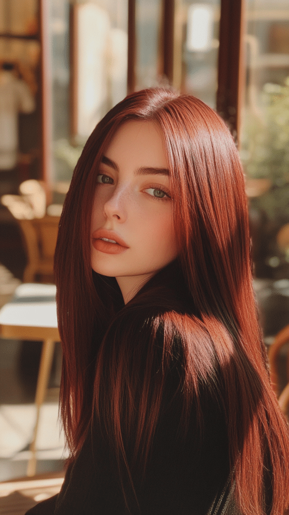 A woman in her late 20s with fair skin and long straight dark brown hair featuring a sleek red tint, glowing softly at an outdoor café.