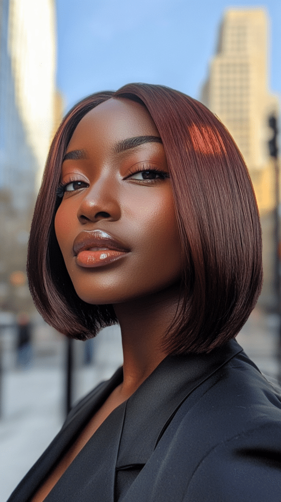 A woman in her late 20s with deep ebony skin and a sleek chin-length bob featuring a subtle red tint, standing on a blurred city street.
