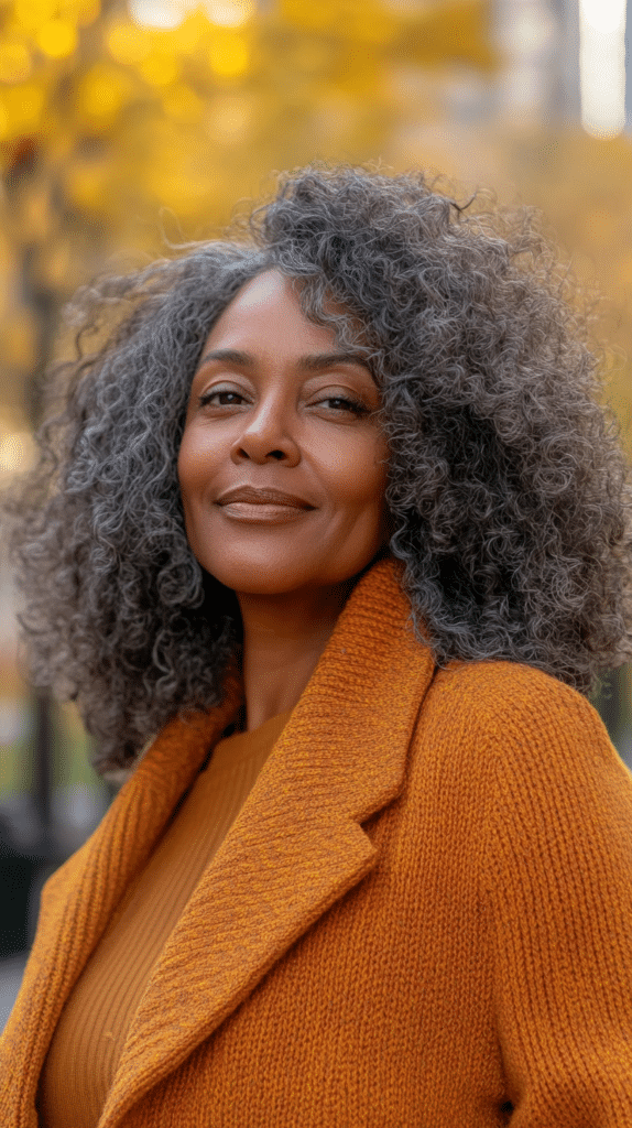 A 55-year-old Black woman with defined ringlets and face-framing layers, walking in a city park with vibrant curls.