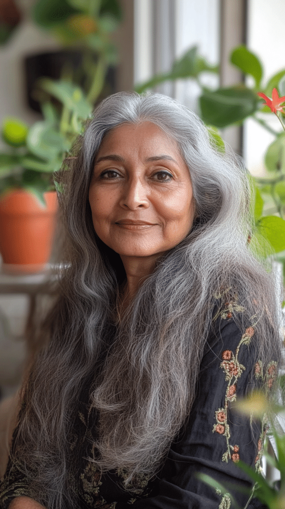 A 62-year-old Indian woman with long, flowing waves styled elegantly, sitting on a balcony surrounded by plants.