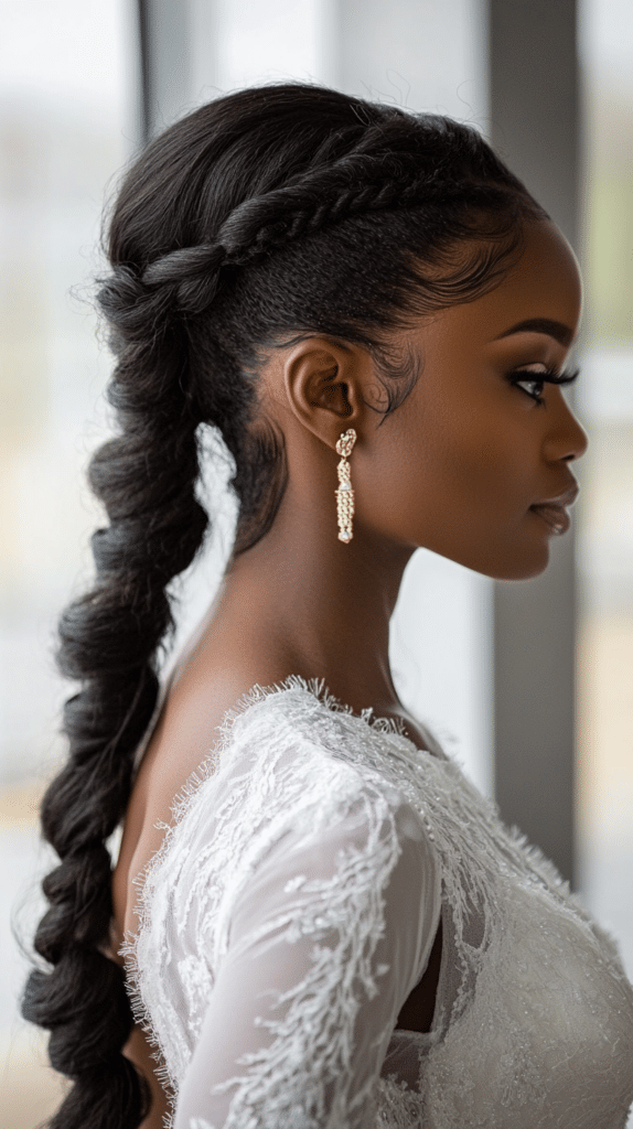A bride with an extra-long ponytail, styled with elegant twists for added volume and texture. The sleek ponytail enhances the bridal look.