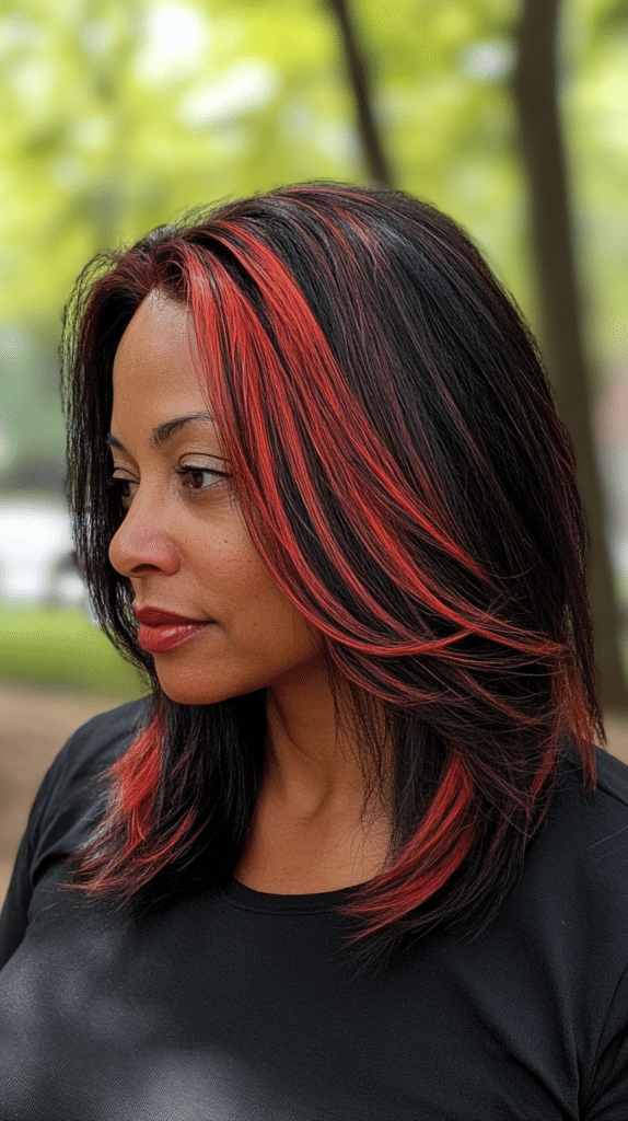 A woman in her mid-40s with medium brown skin and shoulder-length straight dark brown hair featuring bold red highlights framing her face in a park.