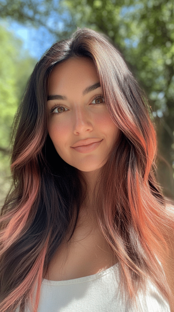 A woman in her early 30s with light brown skin and long slightly wavy dark brown hair with a faded red tint, glowing softly in a sunny park.