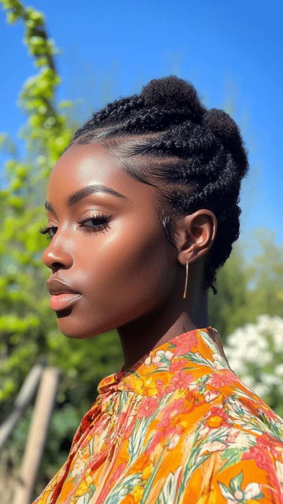 A woman with natural hair styled into a bold faux hawk with braided sides