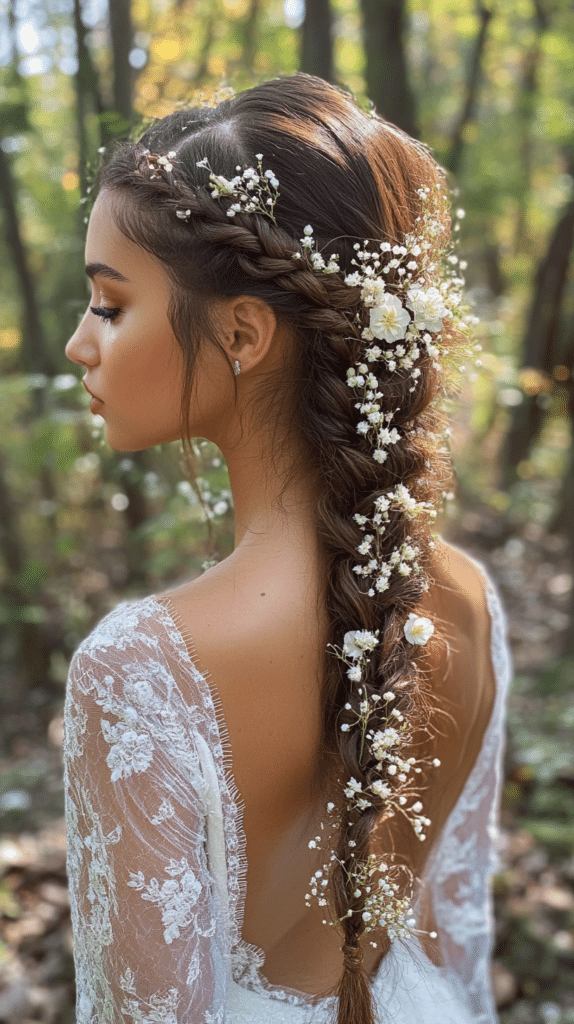 A bride with a detailed fishtail braid decorated with delicate floral accents. The intricate braid stands out against a softly blurred background.