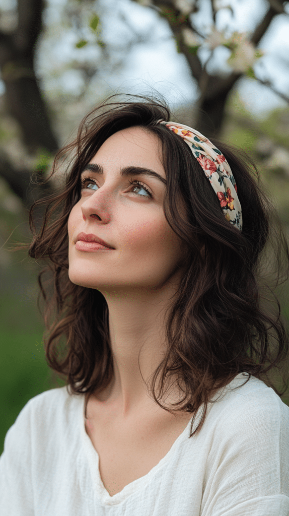 A woman with wavy dark brown hair styled into a headband tuck