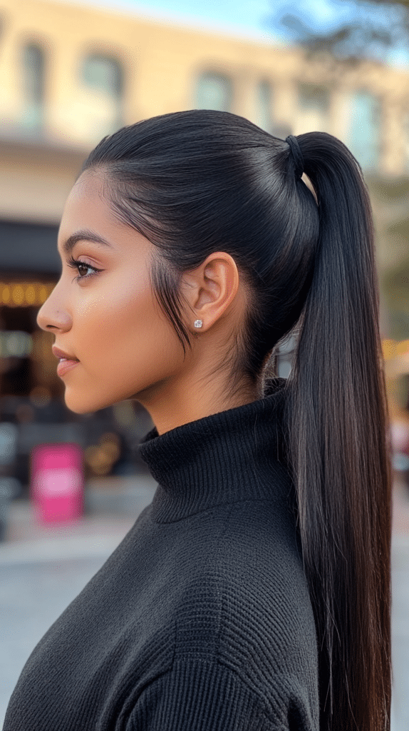 A woman with thick, straight black hair styled into a high ponytail. The hair is smooth and bouncy, giving an energetic and youthful look.