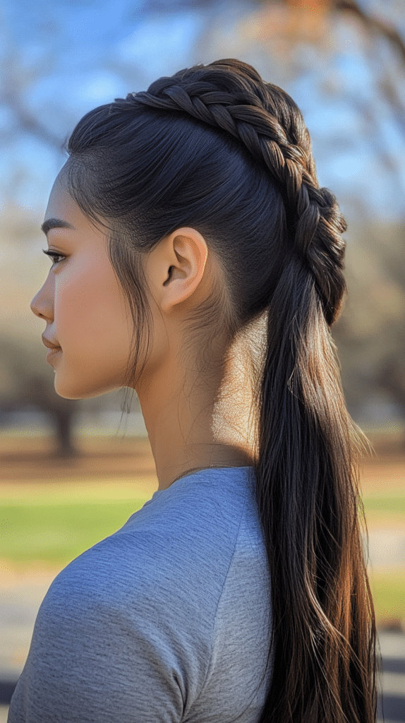 A woman with long, dark brown hair styled into a high ponytail with a neat French braid along the top.