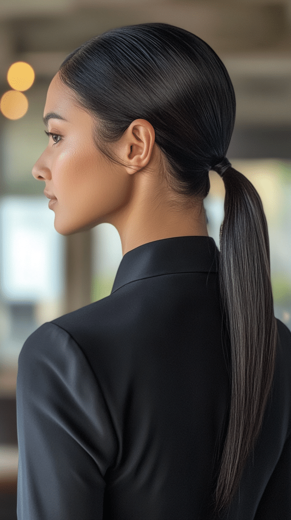 A woman with dark espresso-colored hair styled into a sleek high ponytail with a wrapped section hiding the hair tie.