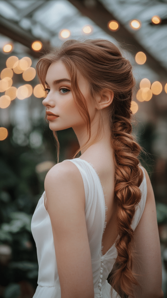 A bride with a high ponytail that transitions into a bubble braid, creating a trendy and structured wedding hairstyle. The hairstyle stays in place all day.