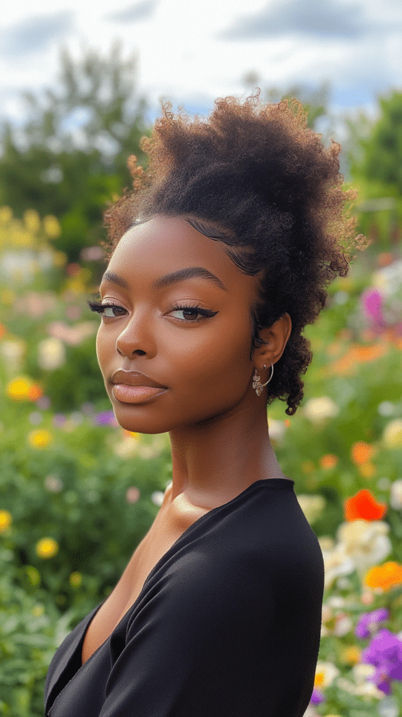 A woman with voluminous natural hair styled into a high puff