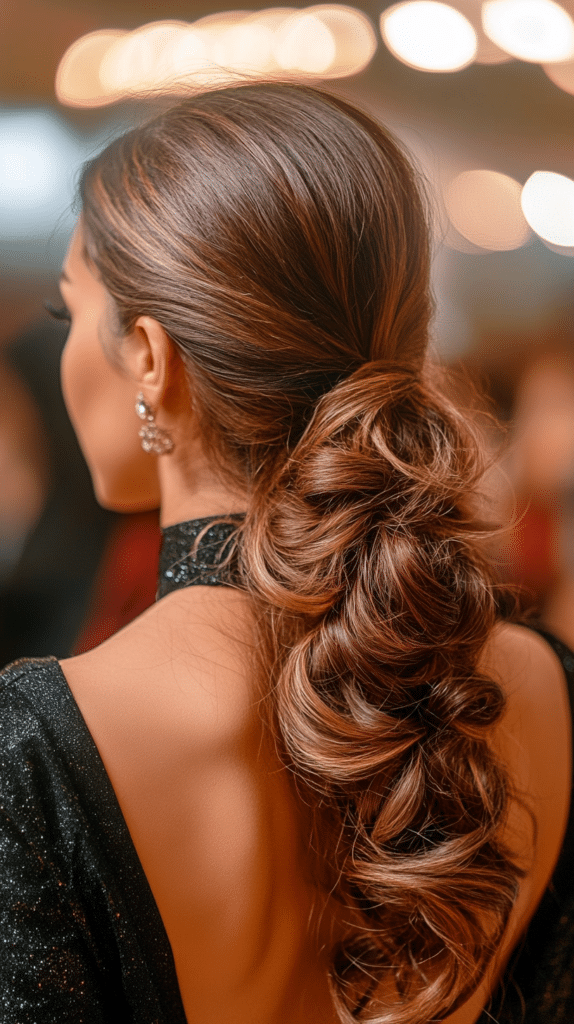 A woman with voluminous, golden-brown hair styled into a Hollywood-inspired ponytail with cascading loose waves.