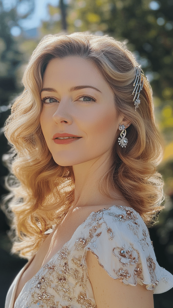 A bride with Hollywood-style waves, defined and glossy, adorned with sparkling hairpins. The hairstyle flows smoothly over the shoulders.