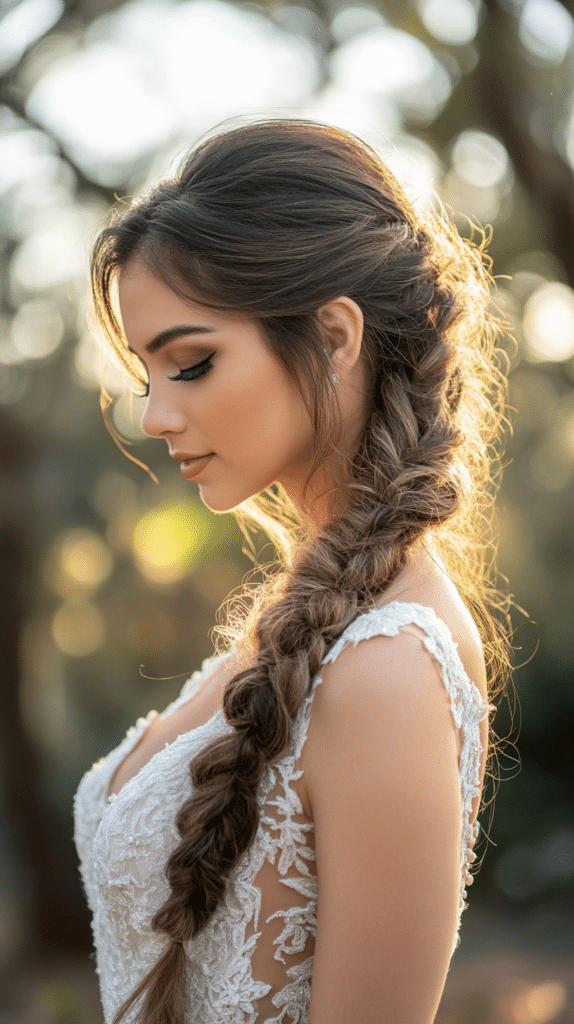 A bride with an infinity braid transitioning into loose, flowing ends. The intricate braid adds detail while maintaining a soft finish.