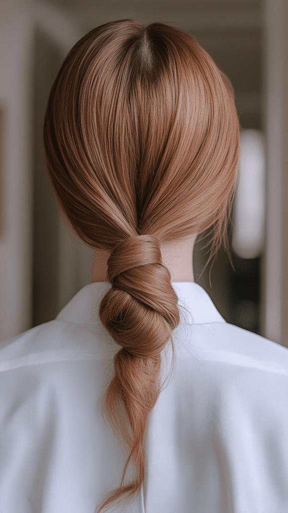 A woman with light brown hair styled into a unique knotted ponytail. Two sections are tied into a loose knot before flowing into a sleek ponytail.