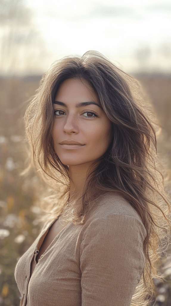 A woman with caramel-toned loose waves styled with twists