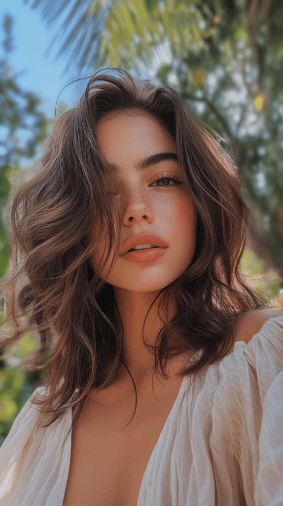 A woman with caramel-toned loose waves, wearing a light spring blouse