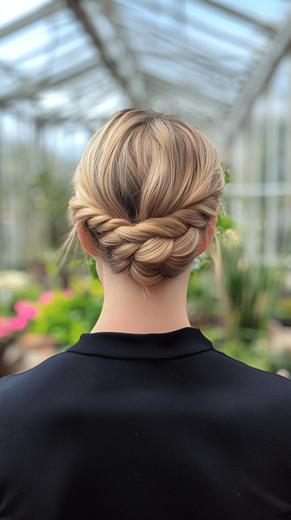 A woman with light blonde hair styled into a low braided bun