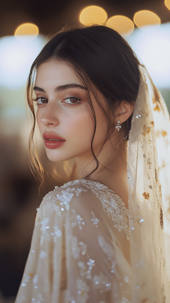 A bride with a soft low bun styled with loose tendrils framing the face. The hairstyle adds a romantic and delicate touch to the bridal look.