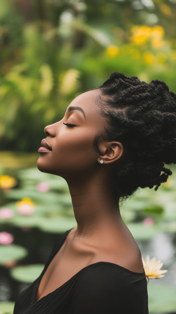 A woman with natural hair styled into a low chignon
