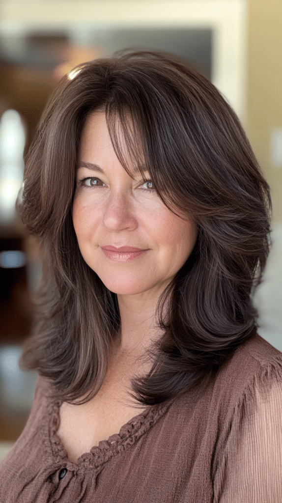 A woman in her late 50s with tan skin and medium-length layered dark brown hair featuring rich mahogany shades, sitting in a cozy living room.