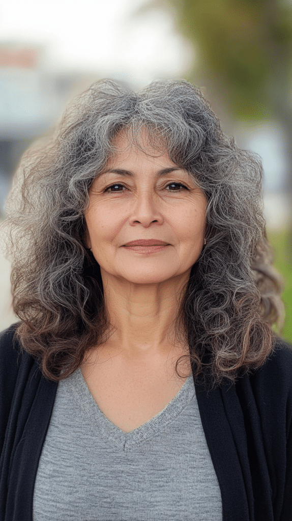 A 54-year-old Latina woman with medium-length curls and soft curtain bangs, standing on a quiet suburban street.