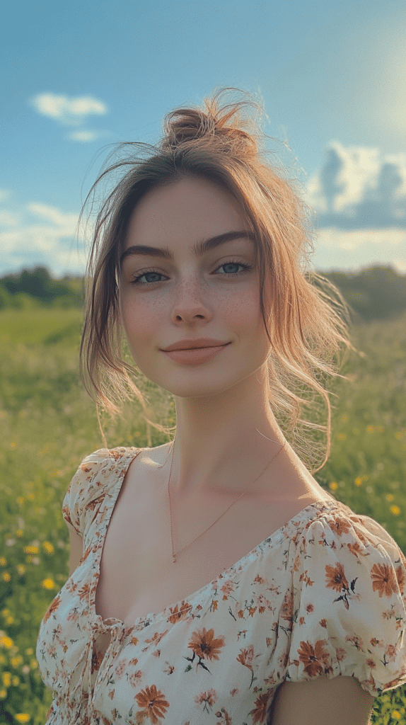 A woman with light brown hair styled in a casual messy bun