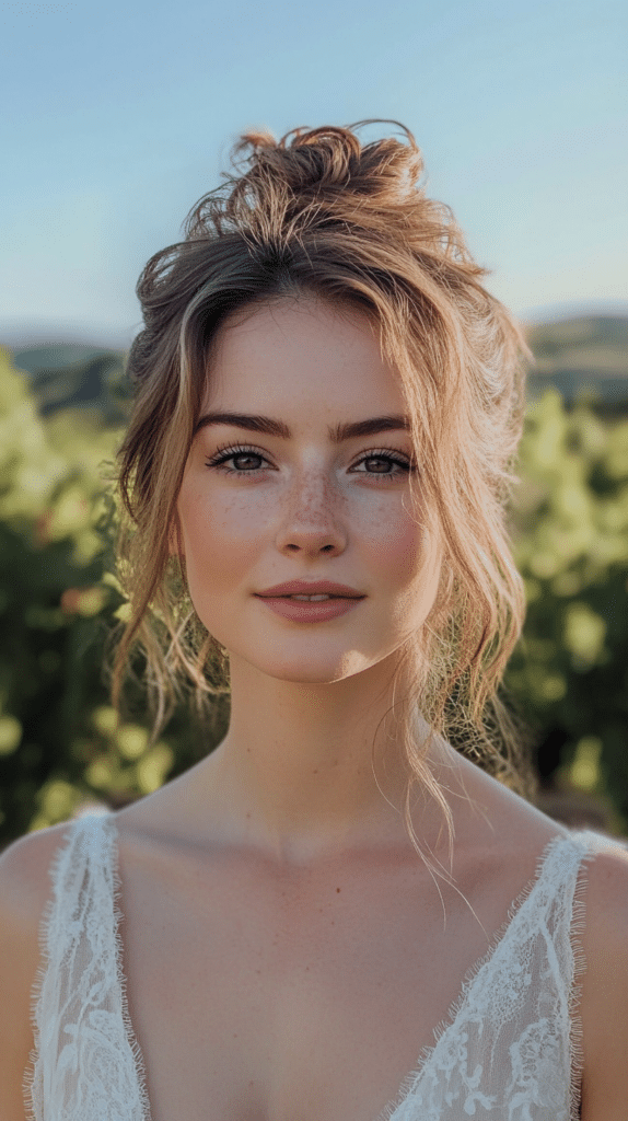 A bride with a relaxed messy bun featuring soft curls for a natural, effortless bridal look. The hairstyle balances casual and elegant elements.