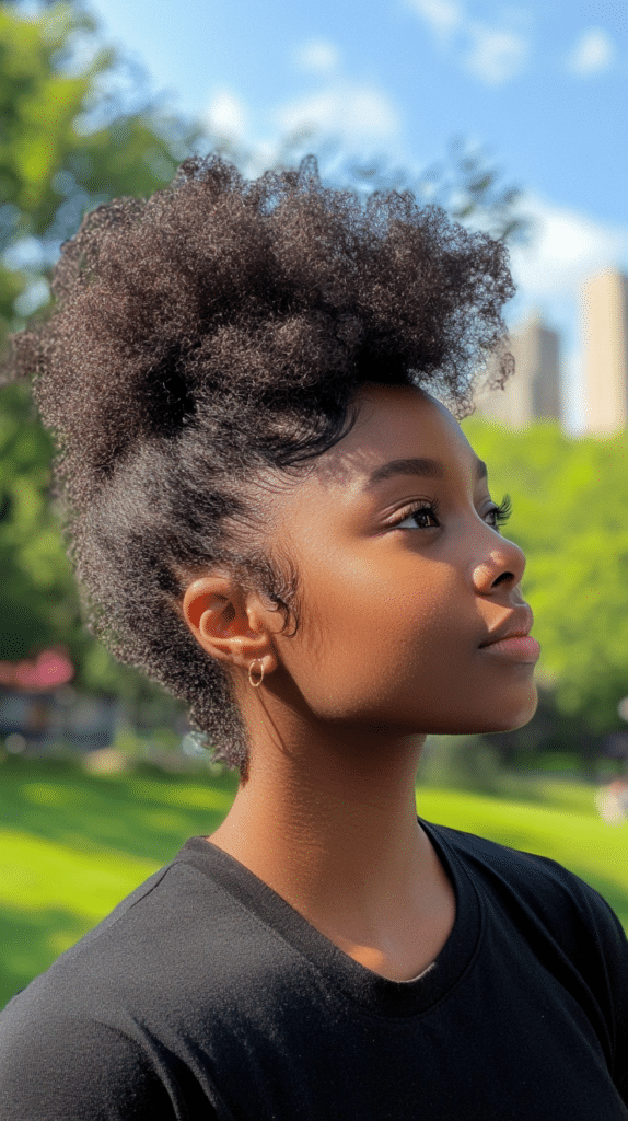 A woman with curly, voluminous natural hair styled into a messy ponytail. A few tendrils frame her face for a relaxed effect.