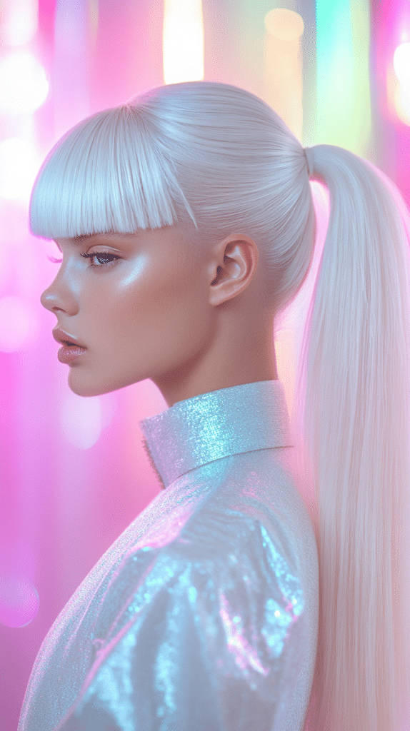 A woman with platinum blonde, pin-straight hair styled into a high, sleek ponytail with a mirror-like shine.
