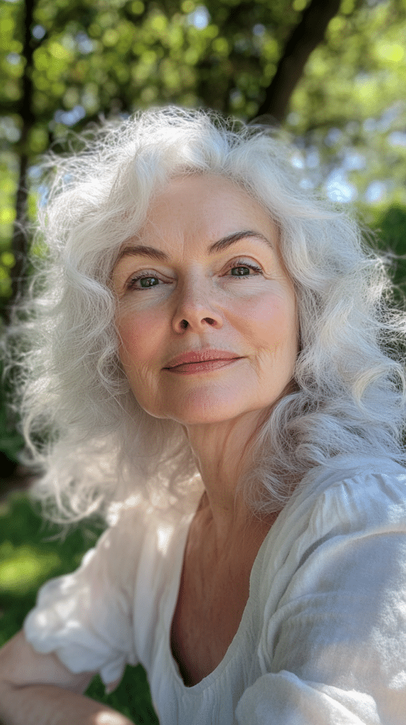 A 65-year-old white woman with natural silver curls framing her face softly, sitting in a sunny garden.