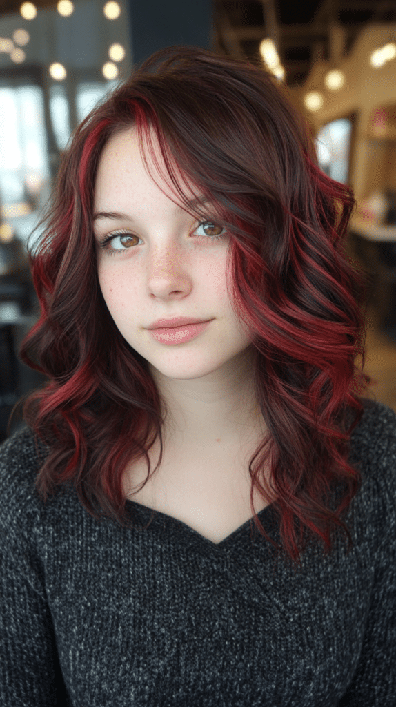 A young woman in her late 20s with pale skin and curly shoulder-length dark brown hair featuring peekaboo red tint hidden under the top layer.