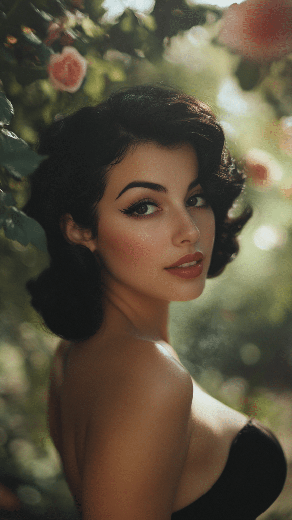A woman with jet black hair styled into a vintage pin-up roll