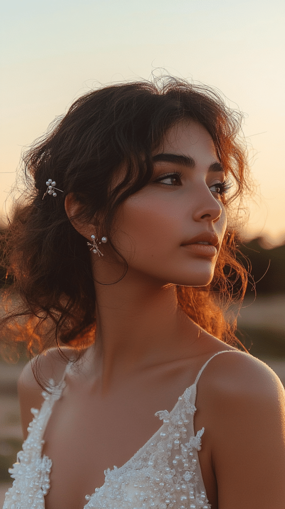 A bride with soft curls pinned back using pearl hairpins. The hairstyle is simple yet elegant, with the pearl accents adding a classic touch.